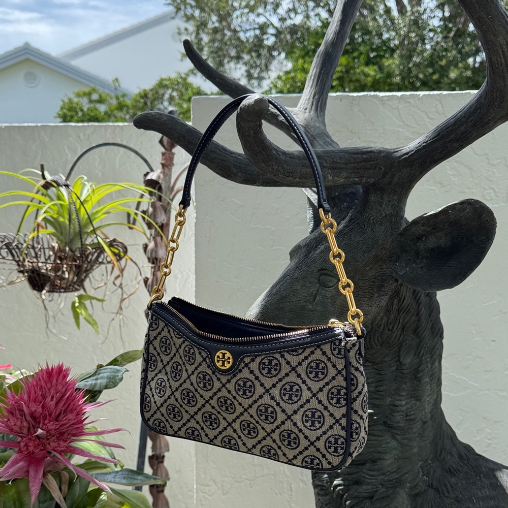 Tory Burch T-monogram Navy and Gold petite pochette.
